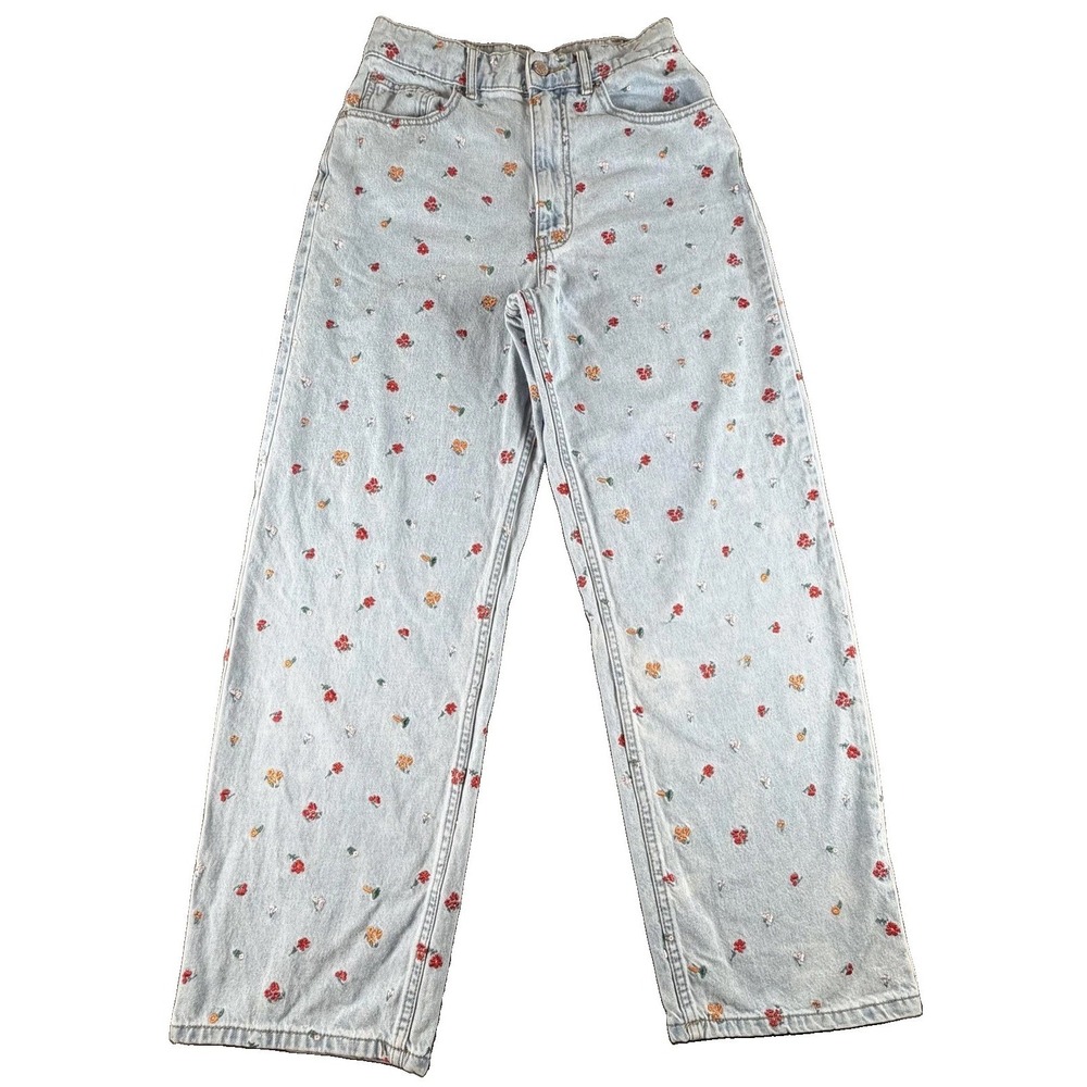 BDG Jeans Womens 26 Light Wash Blue High Rise Loose Baggy Floral Embroidered - Picture 1 of 14